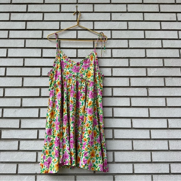 Patrons of Peace Malibu Dress L Floral Rayon Mini Tie Strap Ruffle India Boho - Picture 3 of 13